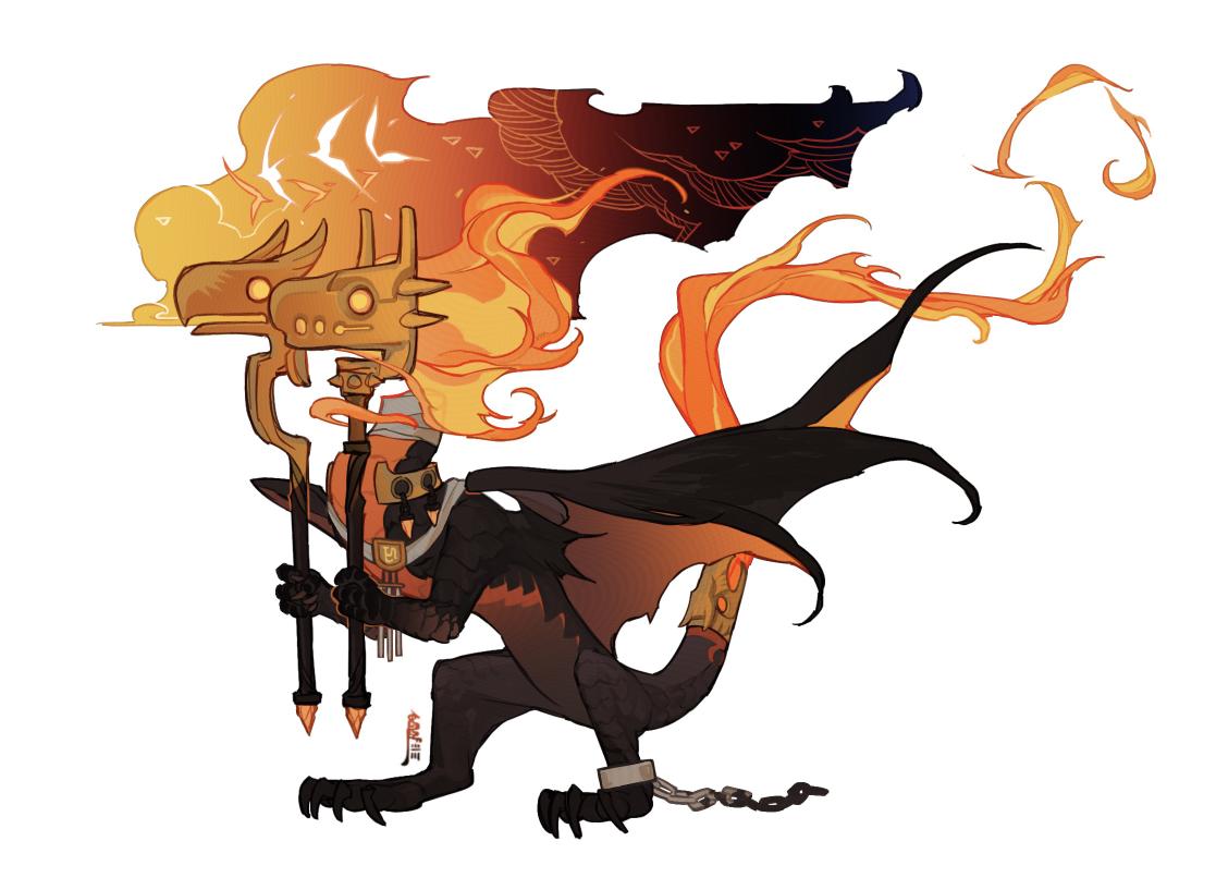 microw, original, chain, cuffs, disembodied head, dragon, fiery tail, fire, from side, full body, headless, holding, monster, monster focus, no humans, shackles, simple background, simple bird, solo, tail, white background, wings