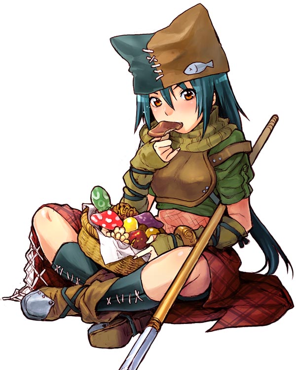 nekomata naomi, original, 1girl, animal ears, blue hair, boots, fang, female focus, mushroom, polearm, solo, spear, weapon, yellow eyes