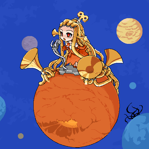 mof, original, lowres, dress, instrument, microphone, oekaki, planet, solo, trumpet