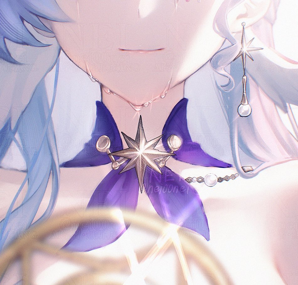 nei00nei, robin (honkai: star rail), honkai: star rail, honkai (series), commentary request, 1girl, artist name, bare shoulders, blue hair, choker, closed mouth, crying, earrings, feathered wings, head wings, jewelry, long hair, microphone, pearl earrings, purple choker, simple background, single earring, single sidelock, smile, solo, sparkle, star (symbol), star earrings, star ornament, white background, wings