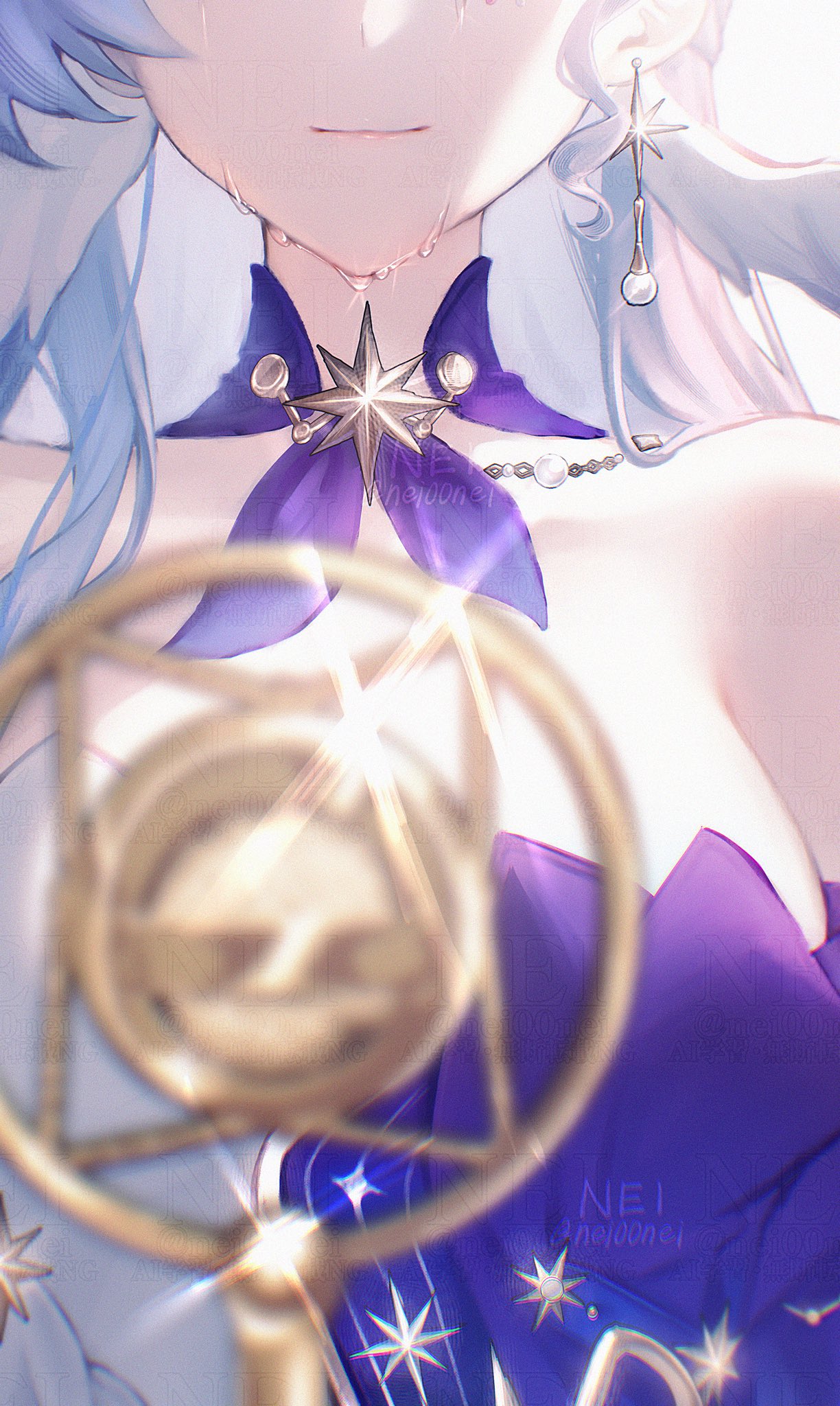 nei00nei, robin (honkai: star rail), honkai: star rail, honkai (series), highres, 1girl, artist name, bare shoulders, blue hair, blurry, blurry foreground, breasts, choker, closed mouth, crying, dress, earrings, feathered wings, head wings, jewelry, large breasts, long hair, microphone, musical note ornament, pearl earrings, purple choker, purple dress, simple background, single earring, single sidelock, sleeveless, sleeveless dress, smile, solo, sparkle, star (symbol), star earrings, star ornament, strapless, strapless dress, two-tone dress, upper body, white background, white dress, wings