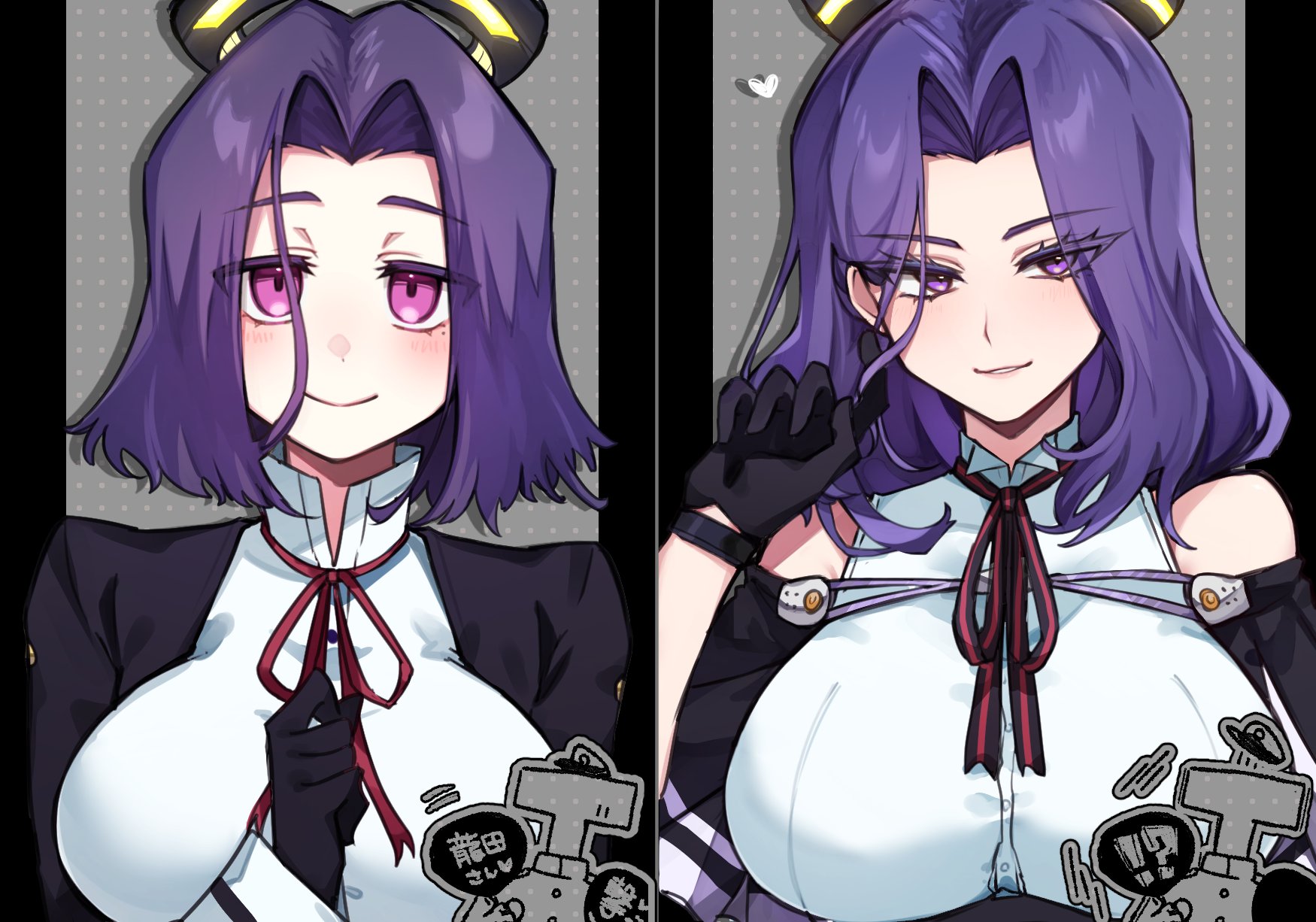 tsumikitsuki (katsuobushi), admiral (kancolle), t-head admiral, tatsuta (kancolle), tatsuta kai ni (kancolle), kantai collection, highres, 1girl, before and after, black capelet, black gloves, breasts, capelet, eyepatch, gloves, hair intakes, halo, headgear, large breasts, mechanical halo, multiple girls, purple eyes, purple hair, shirt, short hair, sleeveless, smile