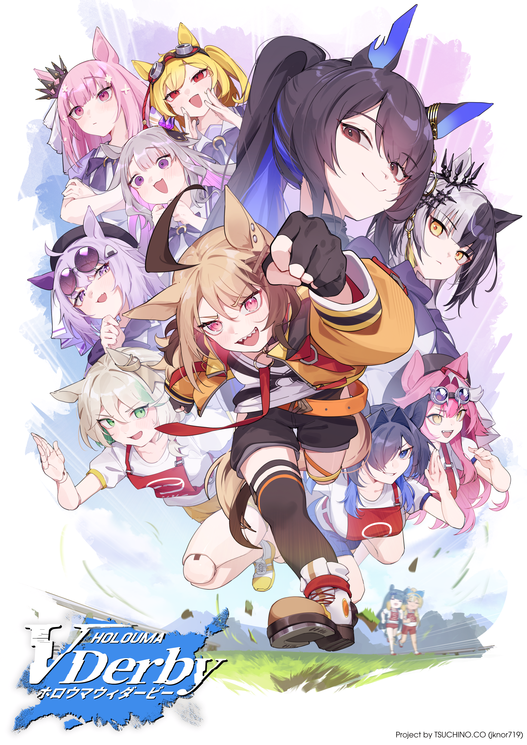 jknor, cecilia immergreen, gigi murin, gigi murin (1st costume), kaela kovalskia, koseki bijou, mori calliope, nekomata okayu, nerissa ravencroft, ninomae ina'nis, ouro kronii, raora panthera, shiori novella, shiranui flare, hololive, hololive english, hololive indonesia, umamusume, absurdres, commentary, english commentary, highres, 6+girls, ahoge, animal ears, belt, beret, black gloves, black hair, black hat, black shorts, black thighhighs, blonde hair, blue buruma, blue hair, blunt bangs, bow, bowtie, braid, breasts, brown hair, buruma, center-flap bangs, closed mouth, clothing cutout, colored inner hair, doll, doll joints, double-parted bangs, eyewear on head, fingerless gloves, full body, gloves, goggles, goggles on head, gradient hair, green eyes, green hair, grey hair, grin, gym uniform, hair between eyes, hair flaps, hair intakes, hair over one eye, hat, hip vent, hood, hoodie, horse ears, horse girl, horse racing track, horse tail, horseshoe ornament, joints, large breasts, long hair, looking at viewer, medium breasts, multicolored hair, multiple girls, open mouth, orange belt, orange hoodie, pink eyes, pink hair, ponytail, poster (medium), puffy short sleeves, puffy sleeves, purple bow, purple bowtie, purple eyes, purple hair, purple shirt, racetrack, round eyewear, running, sailor collar, sailor shirt, school uniform, sharp teeth, shirt, shoes, short hair, short sleeves, short twintails, shorts, side braid, sidelocks, single thighhigh, smile, sneakers, split-color hair, streaked hair, sunglasses, swept bangs, tail, teeth, thighhighs, tracen school uniform, twintails, two side up, virtual youtuber, white hair, white sailor collar, white shirt, white shoes, wolf cut, yellow buruma, yellow eyes