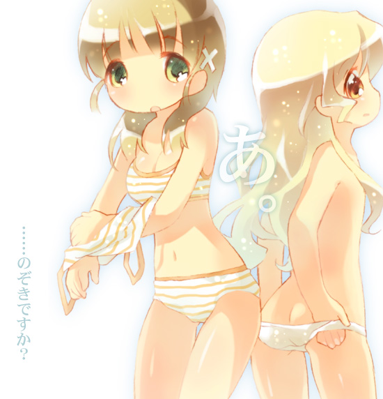 suzuki kokono, original, translated, 2girls, a (phrase), blonde hair, bra, flat chest, green eyes, lingerie, multiple girls, orange eyes, panties, underwear, underwear only, undressing