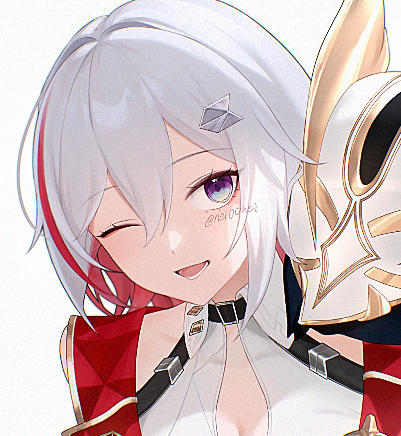 nei00nei, numby (honkai: star rail), topaz (honkai: star rail), trotter (honkai: star rail), honkai: star rail, honkai (series), commentary request, highres, 1girl, artist name, black collar, blue eyes, blush, collar, collared shirt, colored inner hair, creature, hair between eyes, hair ornament, lapels, looking at another, multicolored eyes, multicolored hair, one eye closed, open mouth, pet, purple eyes, red hair, shirt, short hair, simple background, smile, teeth, upper body, white background, white hair, white shirt