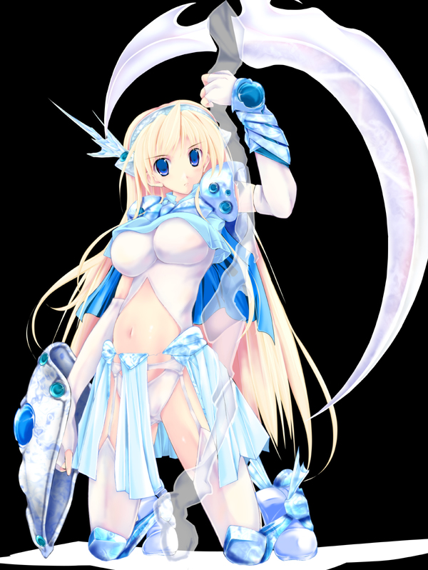 kuon itsuki, pixiv fantasia, pixiv fantasia 1, bad id, bad pixiv id, 1girl, blonde hair, blue eyes, female focus, kneeling, long hair, midriff, panties, scythe, shield, solo, underwear, very long hair