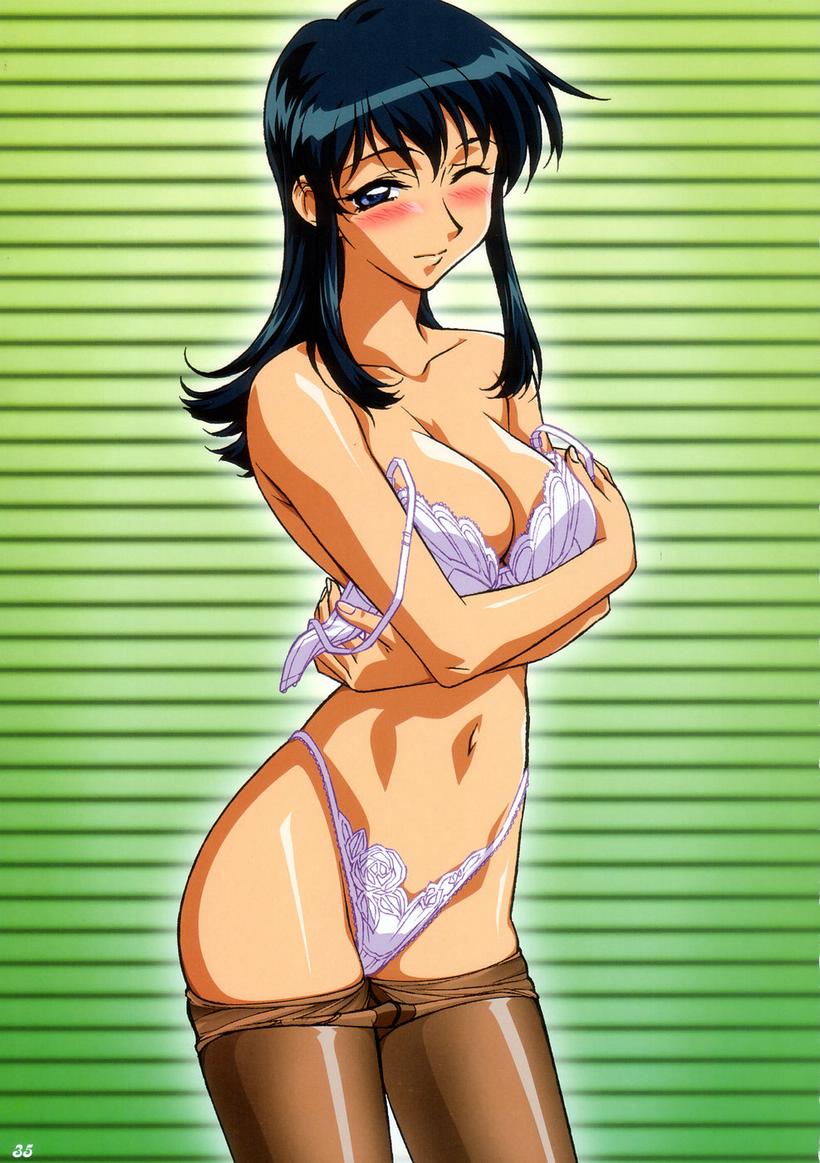 kimura takahiro, fujimura shizuru, shinkon gattai godannar!!, official art, 00s, 1girl, blush, bra, breasts, cleavage, clothes pull, cowboy shot, female focus, green background, large breasts, lingerie, long hair, one eye closed, panties, pantyhose, pantyhose pull, solo, underwear, underwear only, undressing, wink