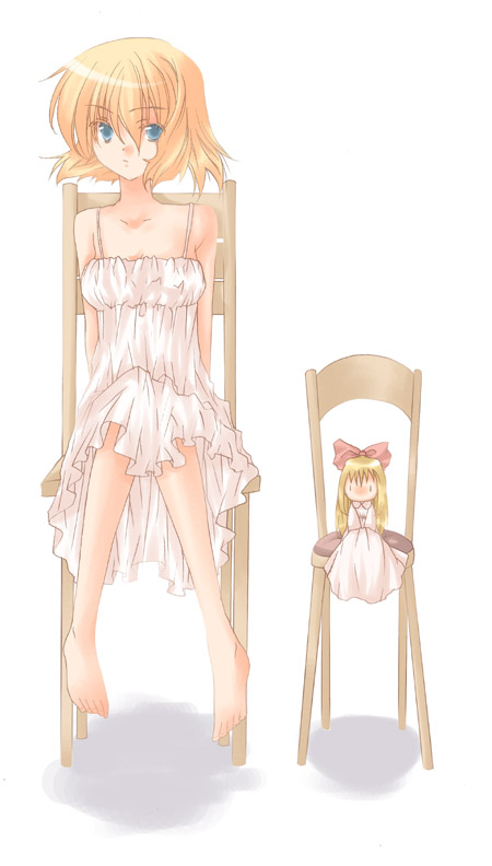 kokono coco, alice margatroid, hourai doll, shanghai doll, touhou, eyebrows, 1girl, bare shoulders, barefoot, blonde hair, blue eyes, chair, doll, dress, female focus, lingerie, looking at viewer, negligee, nightgown, short hair, simple background, sitting, solo, underwear, white background