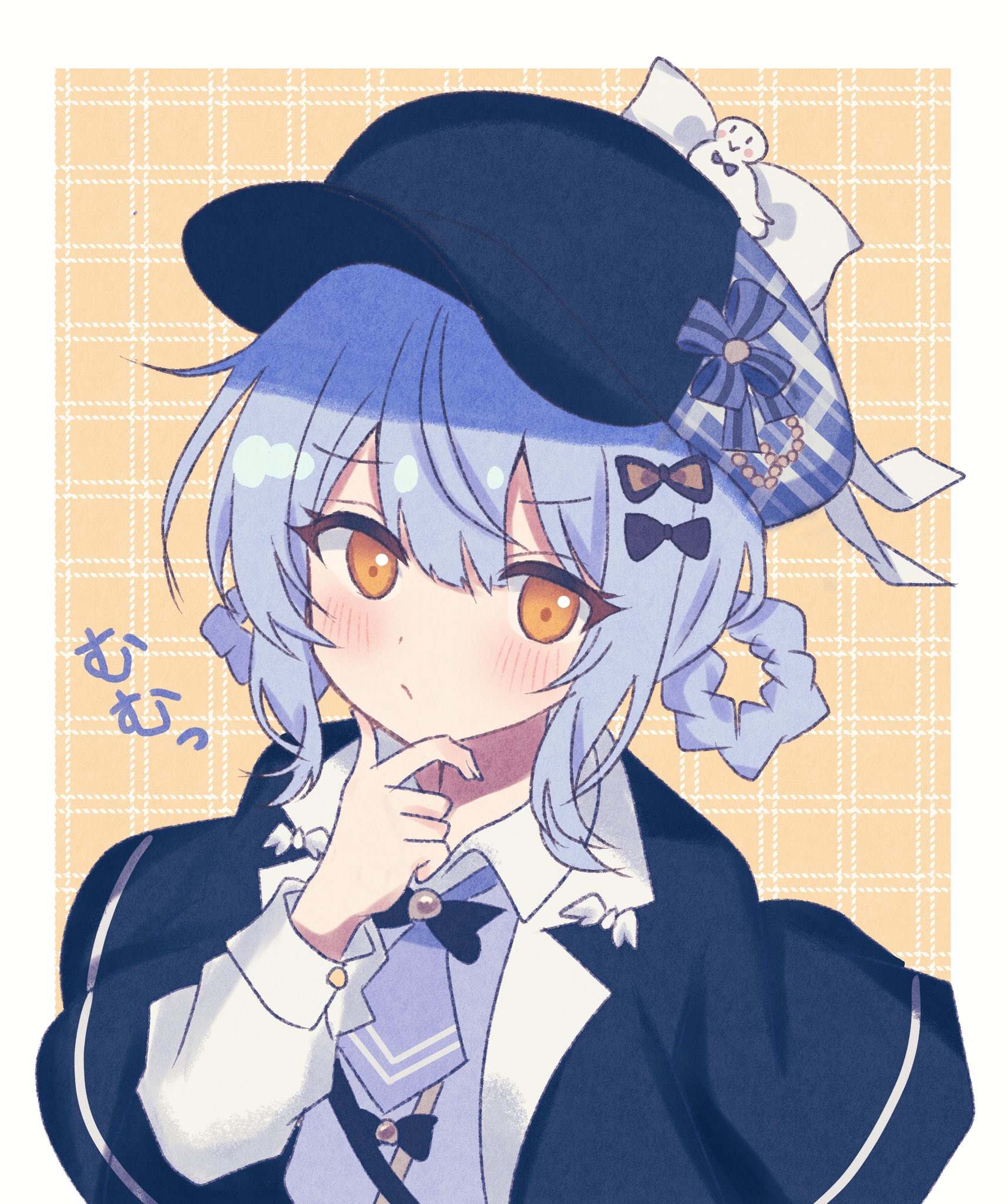 yua 666666, tachibana sherry, mahou shoujo no majo saiban, highres, 1girl, bird hat ornament, black capelet, black hat, blue hair, bonnet, braid, braided hair rings, capelet, detective, hair rings, hat, looking at viewer, newsboy cap, short hair, simple background, solo, thinking, upper body, yellow eyes