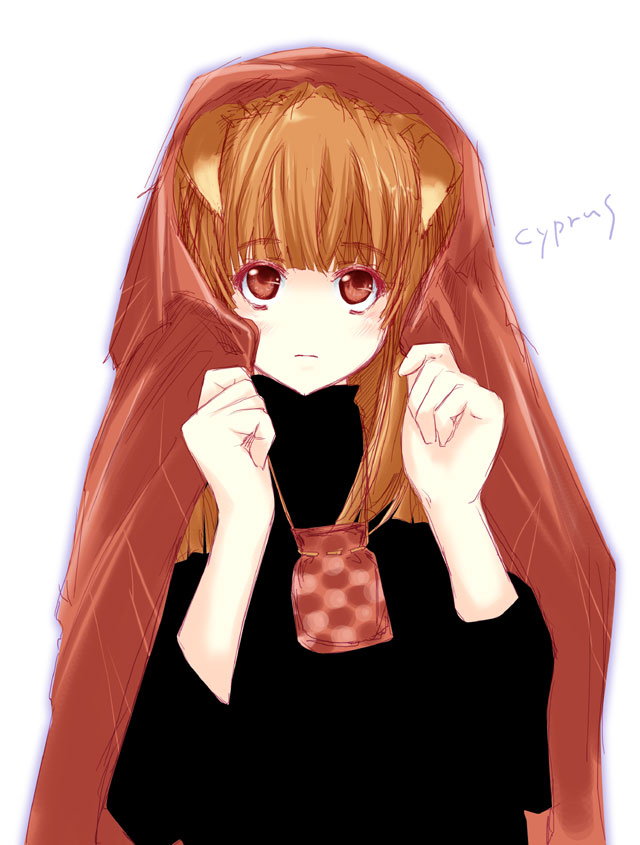 cyprus (circle), holo, spice and wolf, 00s, animal ears, brown eyes, brown hair, pouch, solo, wolf ears