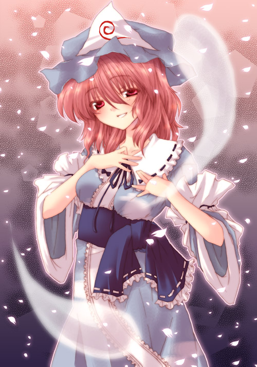 kokono coco, saigyouji yuyuko, touhou, eyebrows, 1girl, cherry blossoms, female focus, hat, japanese clothes, kimono, long sleeves, looking at viewer, mob cap, pink eyes, pink hair, sash, smile, solo, teeth, triangular headpiece, wide sleeves