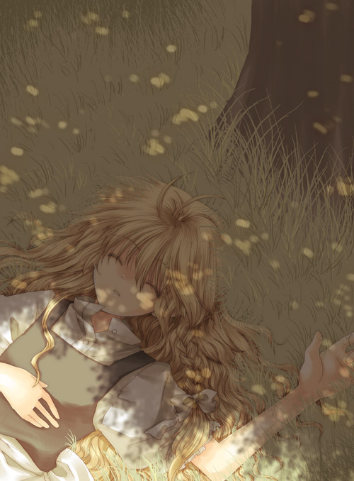 kokono coco, kirisame marisa, touhou, 1girl, blonde hair, braid, dappled sunlight, female focus, grass, long hair, lying, no headwear, on back, on ground, single braid, sleeping, solo, sunlight, tree, tree shade