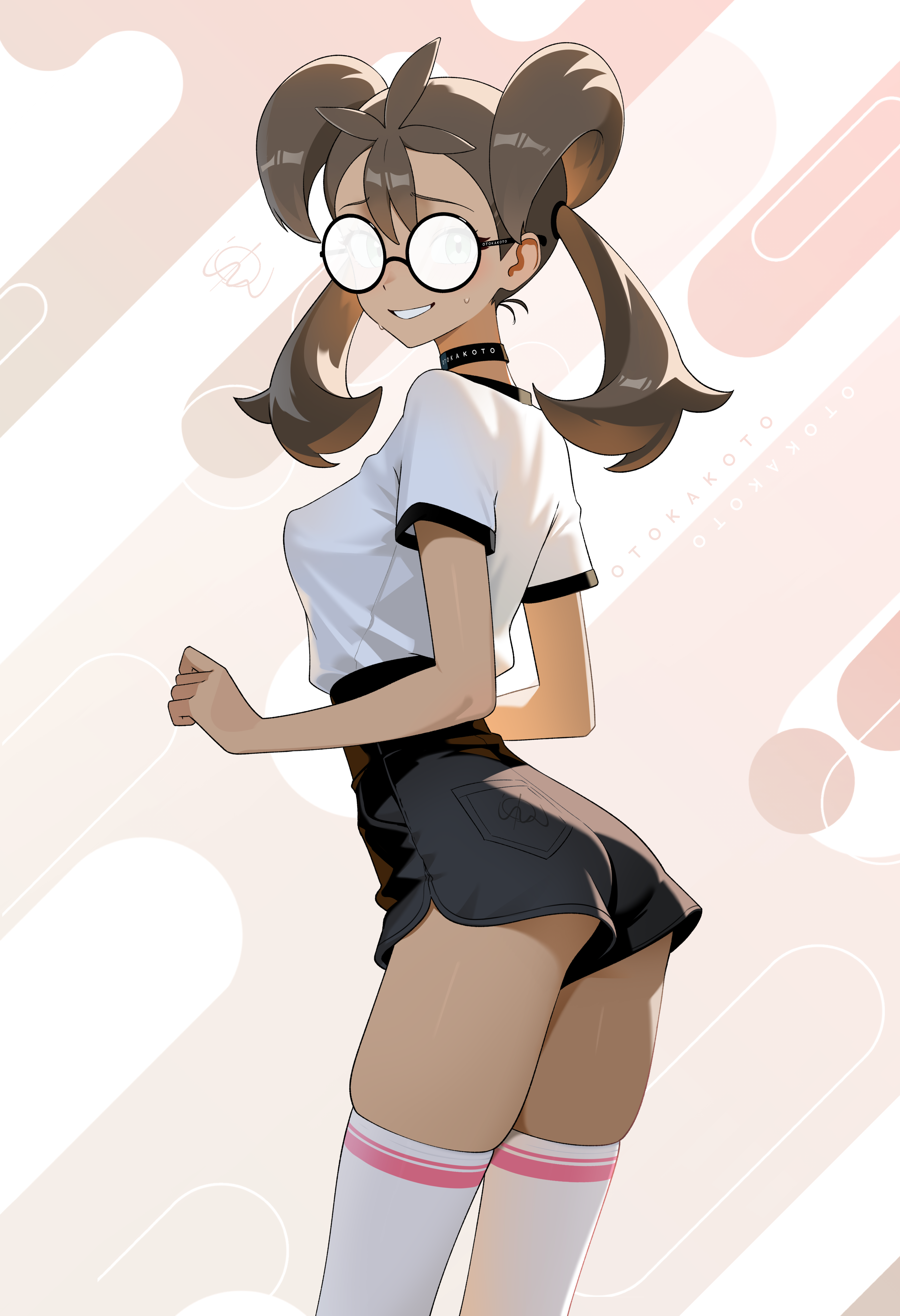 otokakoto, shauna (pokemon), nintendo, pokemon, pokemon xy, absurdres, highres, 1girl, alternate costume, artist name, ass, black choker, black shorts, black skirt, blush, breasts, brown hair, choker, covered erect nipples, cowboy shot, dark-skinned female, dark skin, female focus, from behind, glasses, green eyes, grin, hair between eyes, high-waist shorts, long hair, looking at viewer, looking back, medium breasts, opaque glasses, petite, quad tails, round eyewear, shirt, shirt tucked in, short sleeves, shorts, skirt, small breasts, smile, solo, standing, sweat, teeth, thighhighs, white shirt, white thighhighs