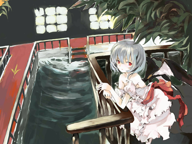 shunsei (muratou), remilia scarlet, touhou, 1girl, bare shoulders, bat wings, dress, female focus, plant, red eyes, solo, underwear, wings