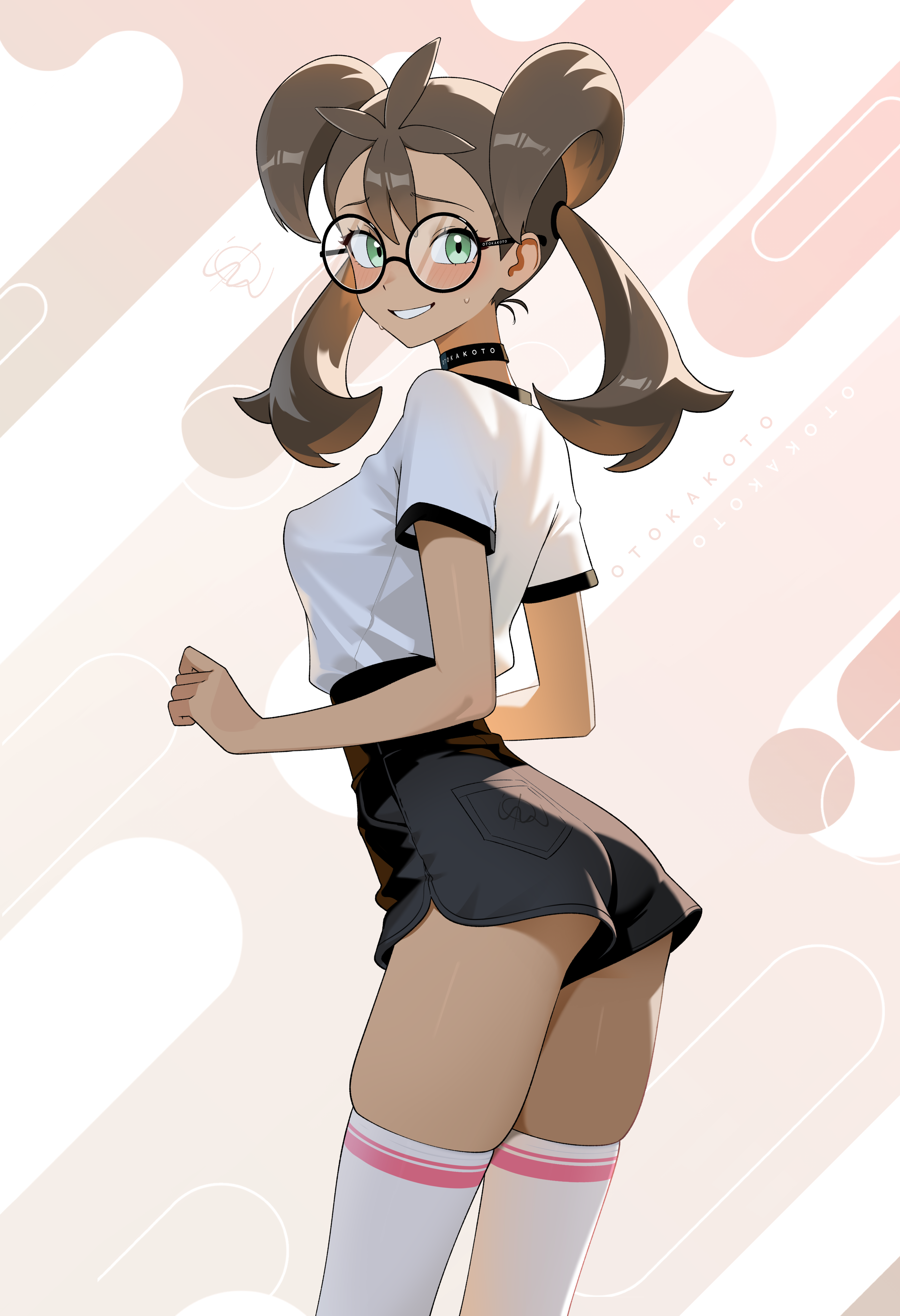 otokakoto, shauna (pokemon), nintendo, pokemon, pokemon xy, absurdres, highres, 1girl, alternate costume, artist name, ass, black choker, black shorts, black skirt, blush, breasts, brown hair, choker, covered erect nipples, cowboy shot, dark-skinned female, dark skin, female focus, from behind, glasses, green eyes, grin, hair between eyes, high-waist shorts, long hair, looking at viewer, looking back, medium breasts, petite, quad tails, round eyewear, shirt, shirt tucked in, short sleeves, shorts, skirt, small breasts, smile, solo, standing, sweat, teeth, thighhighs, white shirt, white thighhighs