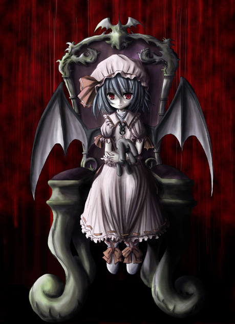remilia scarlet, touhou, 1girl, bat wings, female focus, hat, red eyes, solo, wings