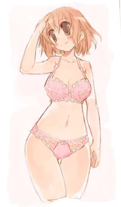 momiji mao, original, 1girl, bra, brown eyes, female focus, hand on own head, hip focus, lingerie, orange hair, panties, pink bra, pink panties, solo, underwear, underwear only, wide hips