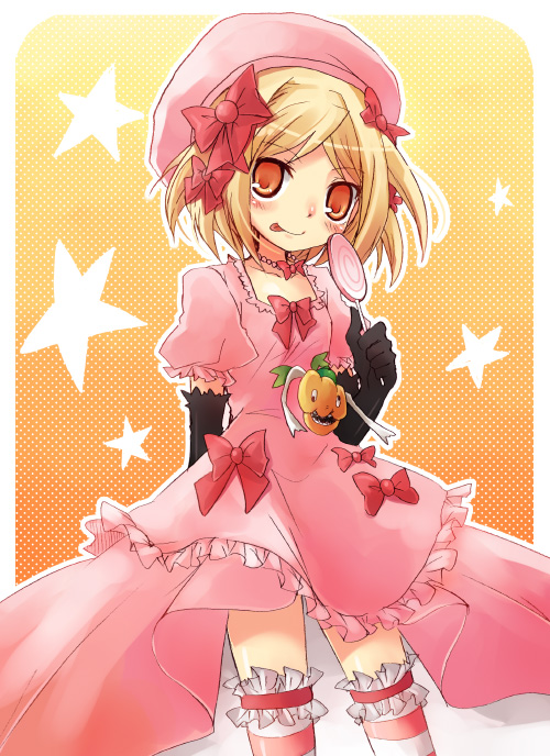 suzushiro kurumi, lambdadelta, spoo, okaasan to issho, umineko no naku koro ni, 00s, 1girl, blonde hair, brown eyes, candy, dress, elbow gloves, female focus, food, gloves, hat, lollipop, orange eyes, pink dress, pink hat, solo, swirl lollipop, thighhighs
