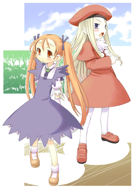 minami juujisei, aliese martini, belfraw martini, summon night, summon night 3, 2girls, arms behind back, beret, blonde hair, blue eyes, blush, brooch, dress, hat, jewelry, long hair, multiple girls, open mouth, orange eyes, orange hair, pantyhose, smile, twintails, very long hair, white pantyhose