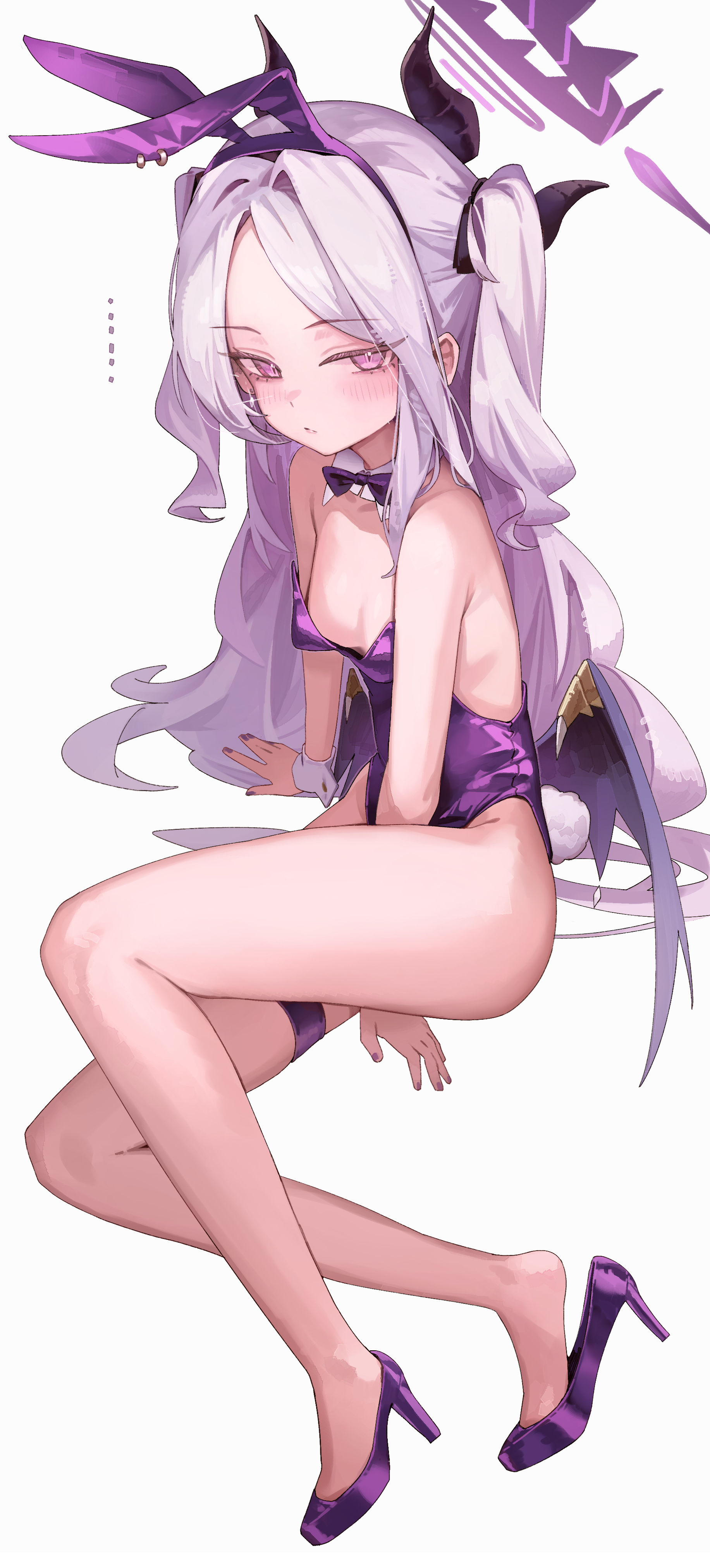 jun daniell, hina (blue archive), blue archive, absurdres, commentary request, highres, 1girl, alternate costume, animal ear hairband, animal ears, arm between legs, black halo, black horns, blush, bow, bowtie, breasts, closed mouth, collar, detached collar, fake animal ears, fingernails, full body, hairband, halo, high heels, horns, invisible chair, leotard, long hair, looking at viewer, multiple horns, nail polish, playboy bunny, purple bow, purple bowtie, purple eyes, purple hairband, purple leotard, purple nails, purple shoes, rabbit ears, shoes, simple background, sitting, small breasts, solo, strapless, strapless leotard, thigh strap, very long hair, white background, white collar, white hair