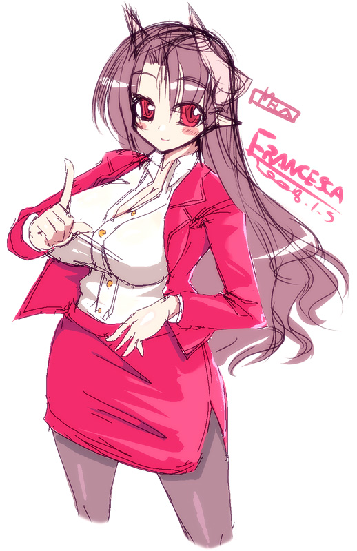 mel/a, akatsuki francesca, original, 1girl, blush, breasts, brown hair, demon girl, female focus, formal clothes, horns, huge breasts, jacket, long hair, mature female, pantyhose, pencil skirt, pointing, pointy ears, red eyes, sketch, skirt, skirt suit, smile, solo, suit