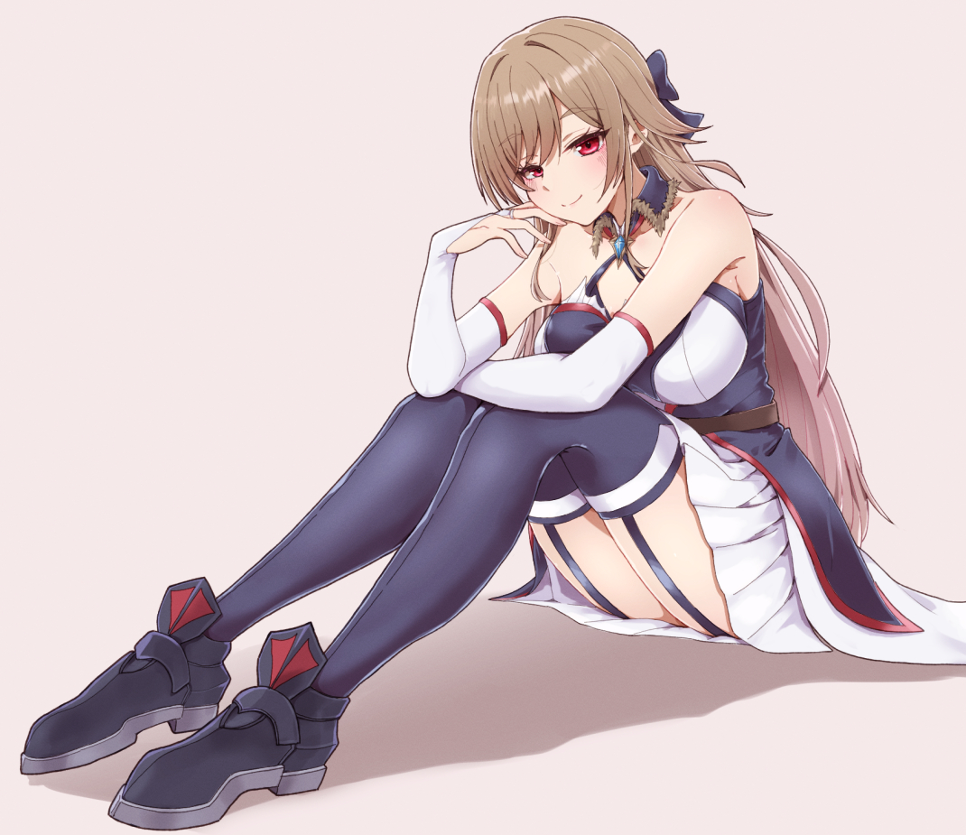 kurokubo (yakekubo), furen e lustario, furen e lustario (1st costume), nijisanji, commentary request, 1girl, arm on knee, armpit crease, bare shoulders, belt, black shoes, blue bow, blue dress, blue garter straps, blue thighhighs, blush, bow, breasts, bridal gauntlets, brown belt, brown hair, cleavage cutout, closed mouth, clothing cutout, collared dress, dress, elbow gloves, elbow rest, eyelashes, full body, gloves, grey background, hair bow, halter dress, halterneck, hand on own face, knees up, large breasts, layered dress, long hair, looking at viewer, pleated dress, red eyes, seductive smile, shadow, shoes, short dress, simple background, sitting, smile, split mouth, thighhighs, very long hair, virtual youtuber, white bridal gauntlets, white dress