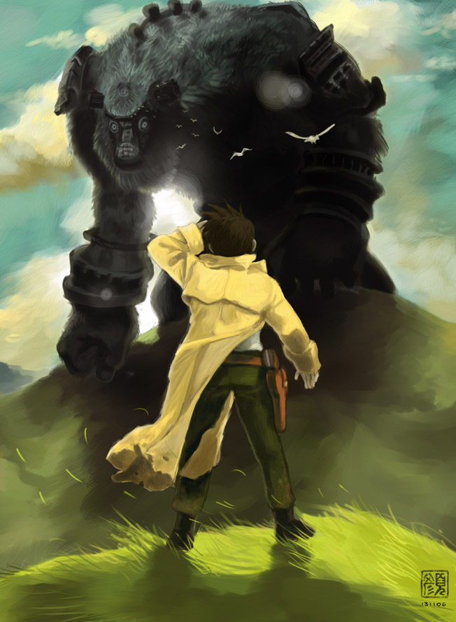 carolyn gan, kino (kino no tabi), wander (shadow of the colossus), kino no tabi, shadow of the colossus, non-web source, 1girl, androgynous, boots, brown hair, coat, crossover, day, gun, holster, holstered, male focus, parody, reverse trap, standing, weapon