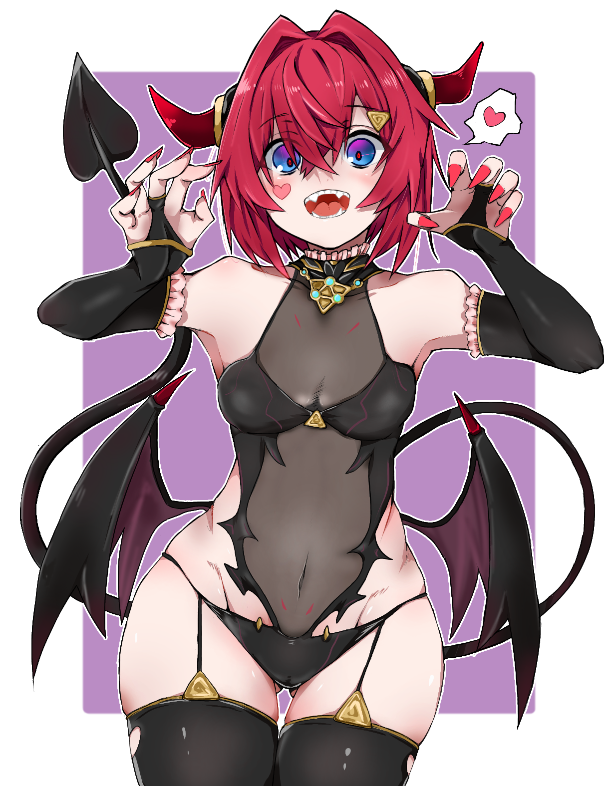 kurokubo (yakekubo), ange katrina, nijisanji, commentary request, highres, 1girl, alternate costume, bare shoulders, black bridal gauntlets, black leotard, black tail, black thighhighs, black wings, blue eyes, blush, border, breasts, bridal gauntlets, claw pose, clothing cutout, collarbone, cowboy shot, crossed bangs, demon girl, demon tail, demon wings, facial mark, fangs, fingernails, frilled bridal gauntlets, gluteal fold, gradient eyes, groin, hair between eyes, hair intakes, hair ornament, hands up, heart, heart facial mark, hip vent, horns, legwear garter, leotard, long bangs, long fingernails, low wings, medium hair, monsterification, multicolored eyes, nail polish, open mouth, outline, outside border, purple background, purple eyes, red hair, red horns, red nails, red pupils, revealing clothes, see-through clothes, see-through leotard, sharp fingernails, small breasts, solo, speech bubble, spoken heart, straight-on, tail, teeth, thigh gap, thighhighs, triangle hair ornament, virtual youtuber, white border, white outline, wide hips, wings