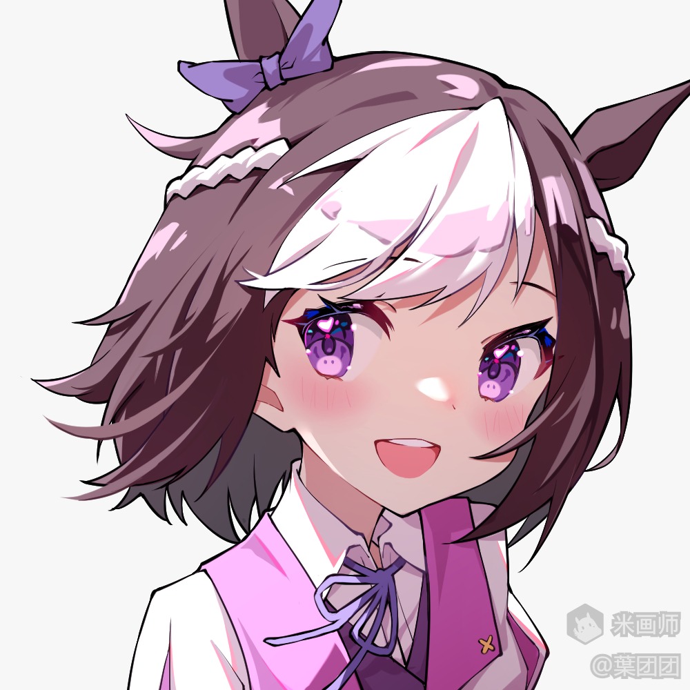 special week (umamusume), umamusume, 1girl, :d, animal ears, blush, bow, brown hair, collared shirt, ear bow, horse ears, horse girl, looking at viewer, multicolored hair, neck ribbon, open mouth, portrait, purple bow, purple eyes, purple ribbon, ribbon, shirt, short hair, simple background, smile, solo, special week (racing) (umamusume), two-tone hair, white background, white hair, white shirt, yetuantuan