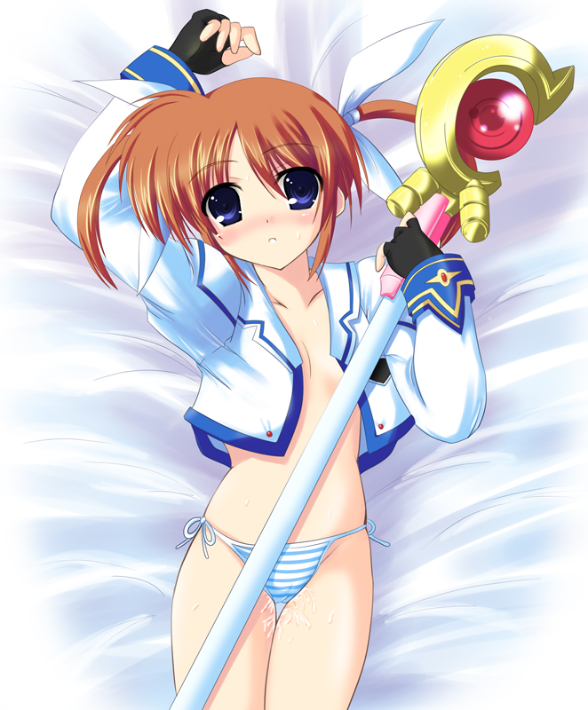 johnny (from scratch), raising heart, takamachi nanoha, lyrical nanoha, mahou shoujo lyrical nanoha, mahou shoujo lyrical nanoha a's, 00s, 1girl, bed, blue eyes, blush, brown hair, cameltoe, female focus, fingerless gloves, flat chest, gloves, hair ribbon, loli, lying, no bra, on back, open clothes, open shirt, panties, pussy juice, ribbon, shirt, side-tie panties, solo, staff, striped clothes, striped panties, twintails, underwear
