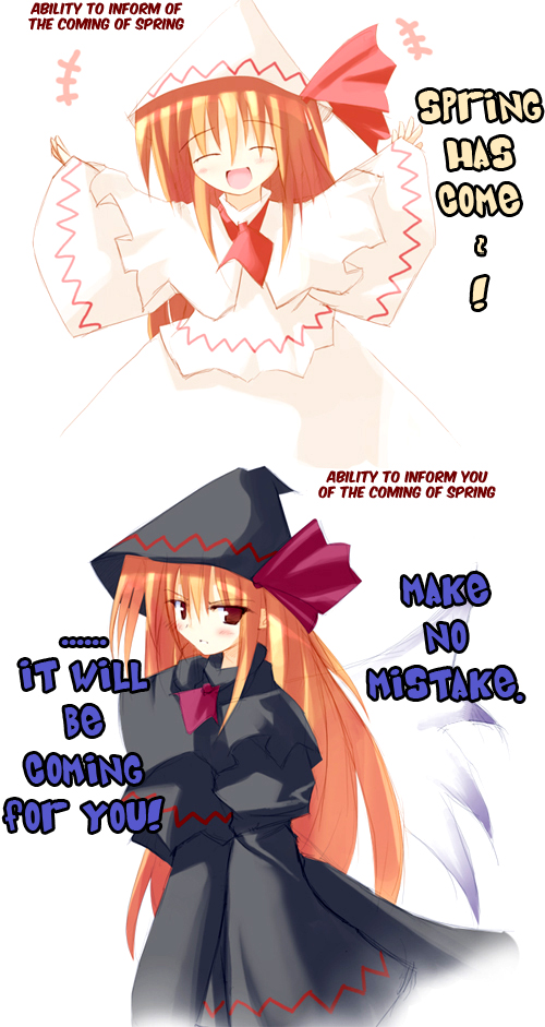 lily black, lily white, touhou, hard-translated, third-party edit, 2girls, blonde hair, dual persona, english text, female focus, hat, multiple girls, red eyes