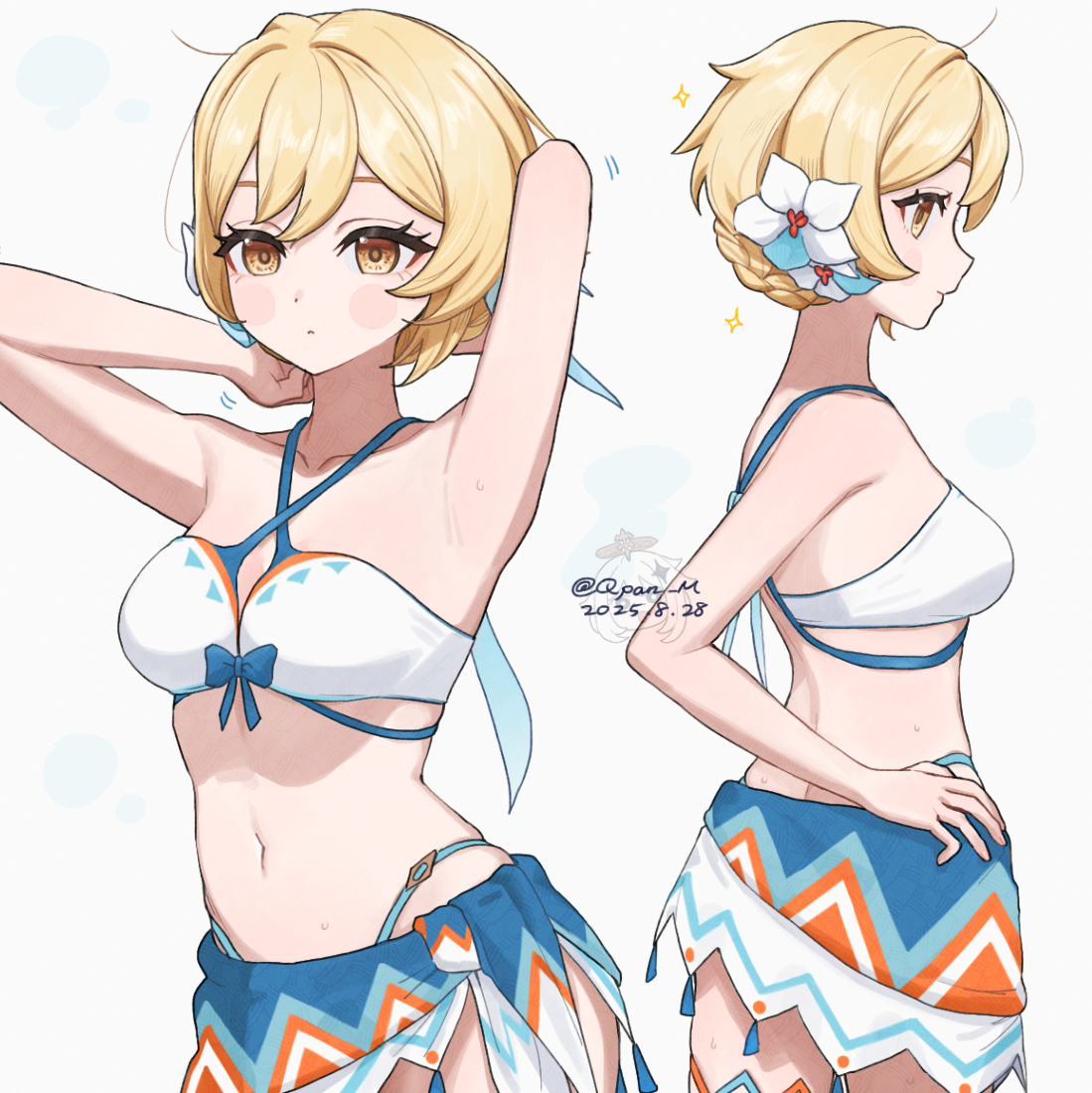 q (oshikuraq), lumine (genshin impact), lumine (hot springs) (genshin impact), genshin impact, commentary request, 1girl, alternate hair length, alternate hairstyle, armpits, arms behind head, bare shoulders, bikini, blonde hair, blue bow, blue skirt, blush stickers, bow, breasts, closed mouth, collarbone, dated, flower, hair flower, hair ornament, looking at viewer, medium breasts, multiple views, navel, official alternate costume, short hair, side-tie skirt, simple background, skirt, stomach, swimsuit, twitter username, upper body, white background, white bikini, white flower, yellow eyes