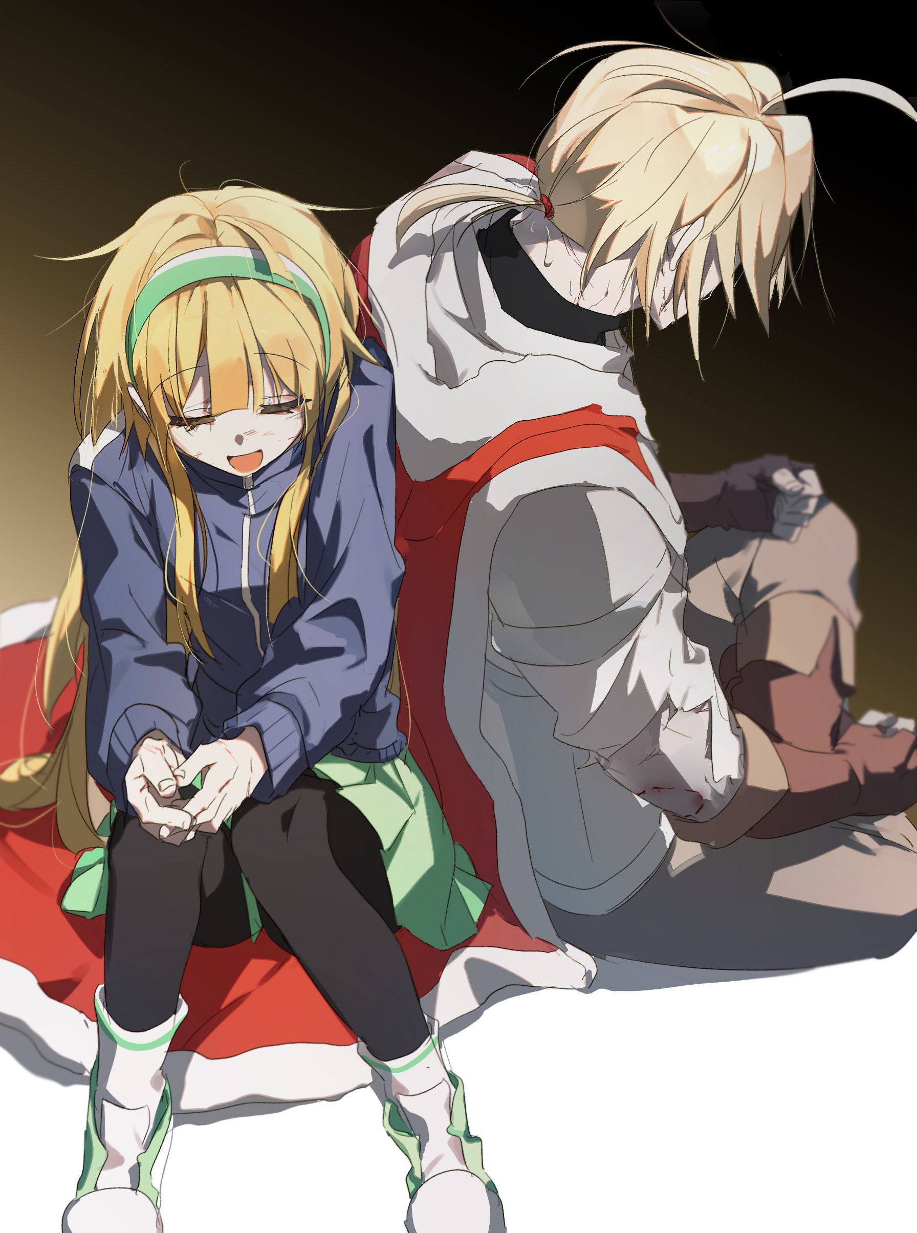 zombie high school, absurdres, highres, 1boy, 1girl, ahoge, blonde hair, boots, cape, closed eyes, gloves, green skirt, hairband, jacket, long hair, nam seon-ji, open mouth, opennep, pak chan-yeong, pantyhose, ponytail, red cape, sitting, skirt, smile