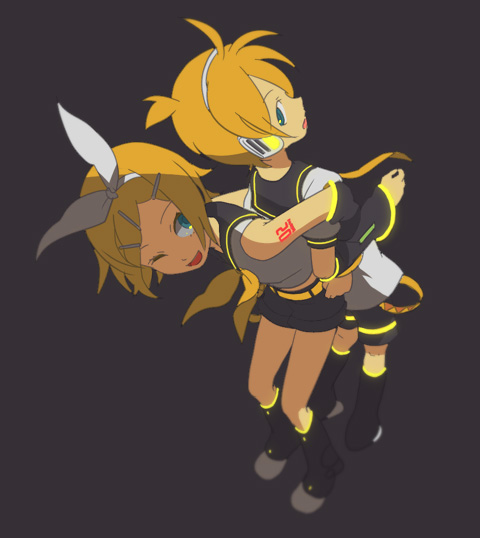 kagamine len, kagamine rin, vocaloid, 1boy, 1girl, back-to-back, brother and sister, one eye closed, siblings, twins