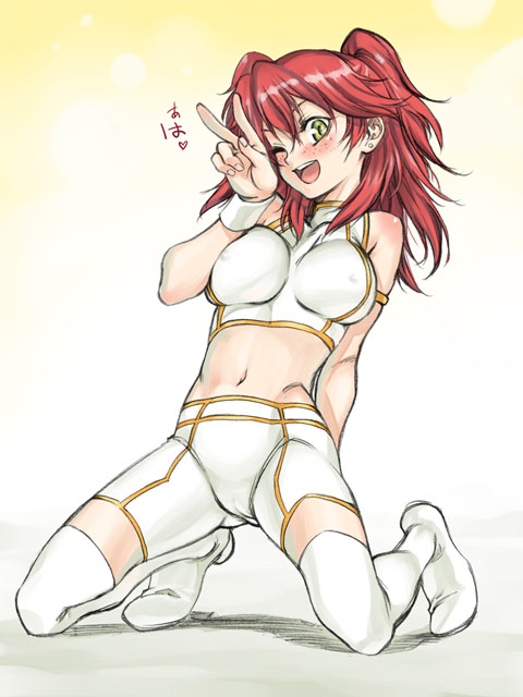 satou atsuki, nena trinity, gundam, gundam 00, 00s, 1girl, bike shorts, blush, cameltoe, covered erect nipples, crop top, female focus, freckles, midriff, one eye closed, red hair, skin tight, solo, thighhighs, two side up, v, yellow eyes, zettai ryouiki