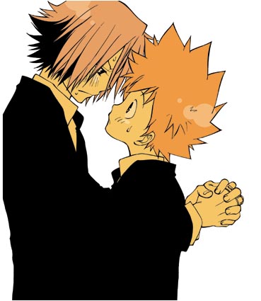 tsuna, gokudera hayato, sawada tsunayoshi, katekyo hitman reborn!, lowres, 00s, 2boys, male focus, multiple boys, simple background, yaoi