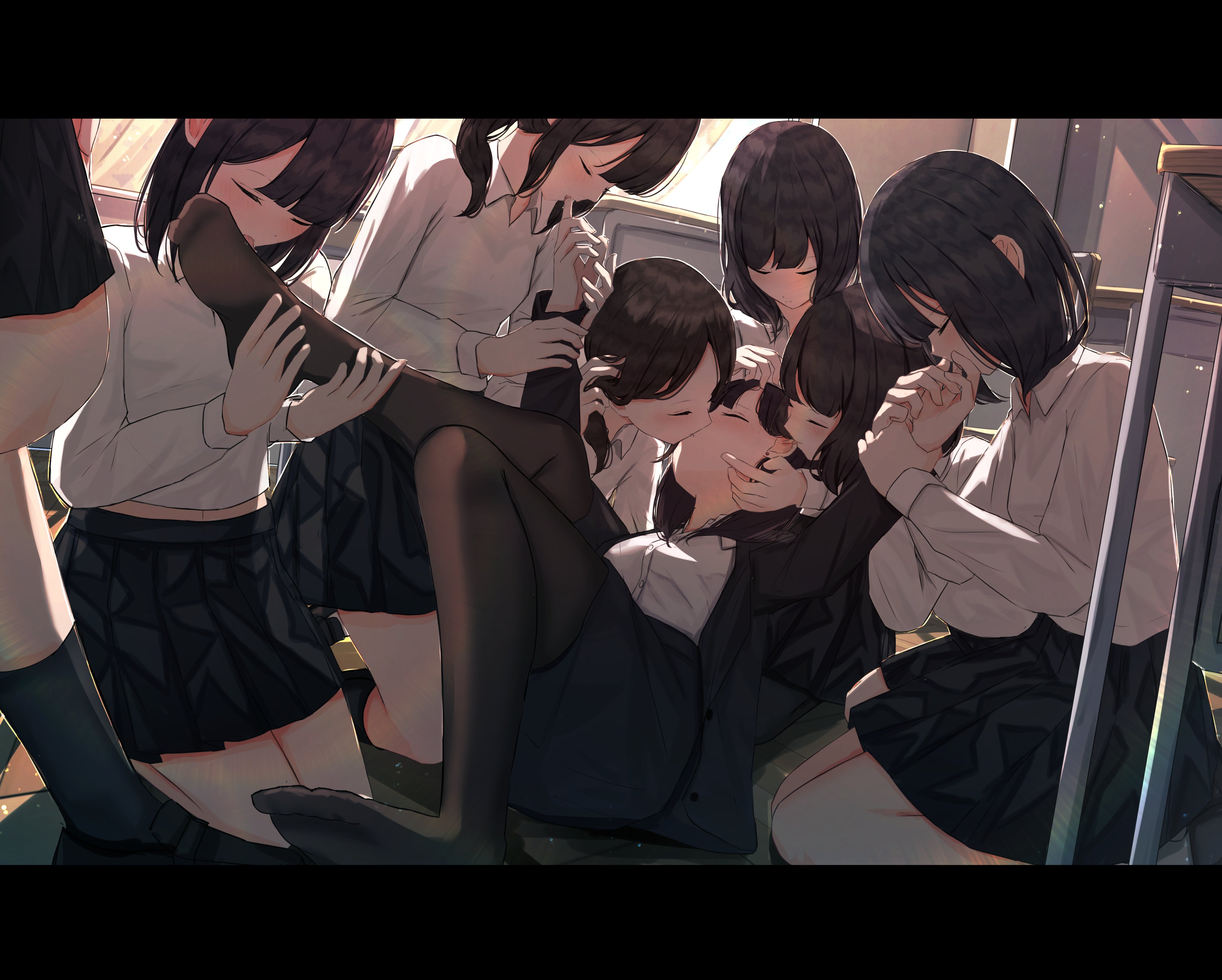 benevole, original, absurdres, highres, 6+girls, black hair, black pantyhose, black skirt, brown hair, classroom, closed eyes, collared shirt, ear licking, finger sucking, indoors, kiss, letterboxed, licking, licking foot, long sleeves, multiple girls, no shoes, pantyhose, school uniform, shirt, skirt, surrounded, white shirt, yuri