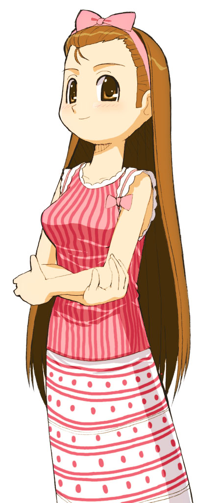minase iori, idolmaster, idolmaster (classic), idolmaster 1, eyebrows, striped, 00s, 1girl, blush, brown eyes, brown hair, crossed arms, female focus, hairband, long hair, long skirt, looking at viewer, simple background, skirt, sleeveless, smile, solo, standing, vertical stripes, white background