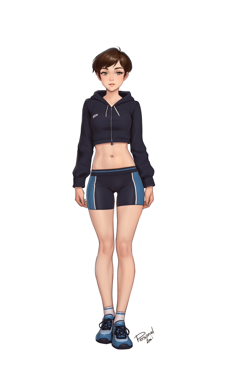 personal ami, original, highres, 1girl, ankle socks, blue shoes, breasts, brown hair, cropped hoodie, drawstring, full body, hood, hoodie, medium breasts, midriff, mole, mole under mouth, navel, shoes, short hair, shorts, sneakers, socks, solo, very short hair, white socks