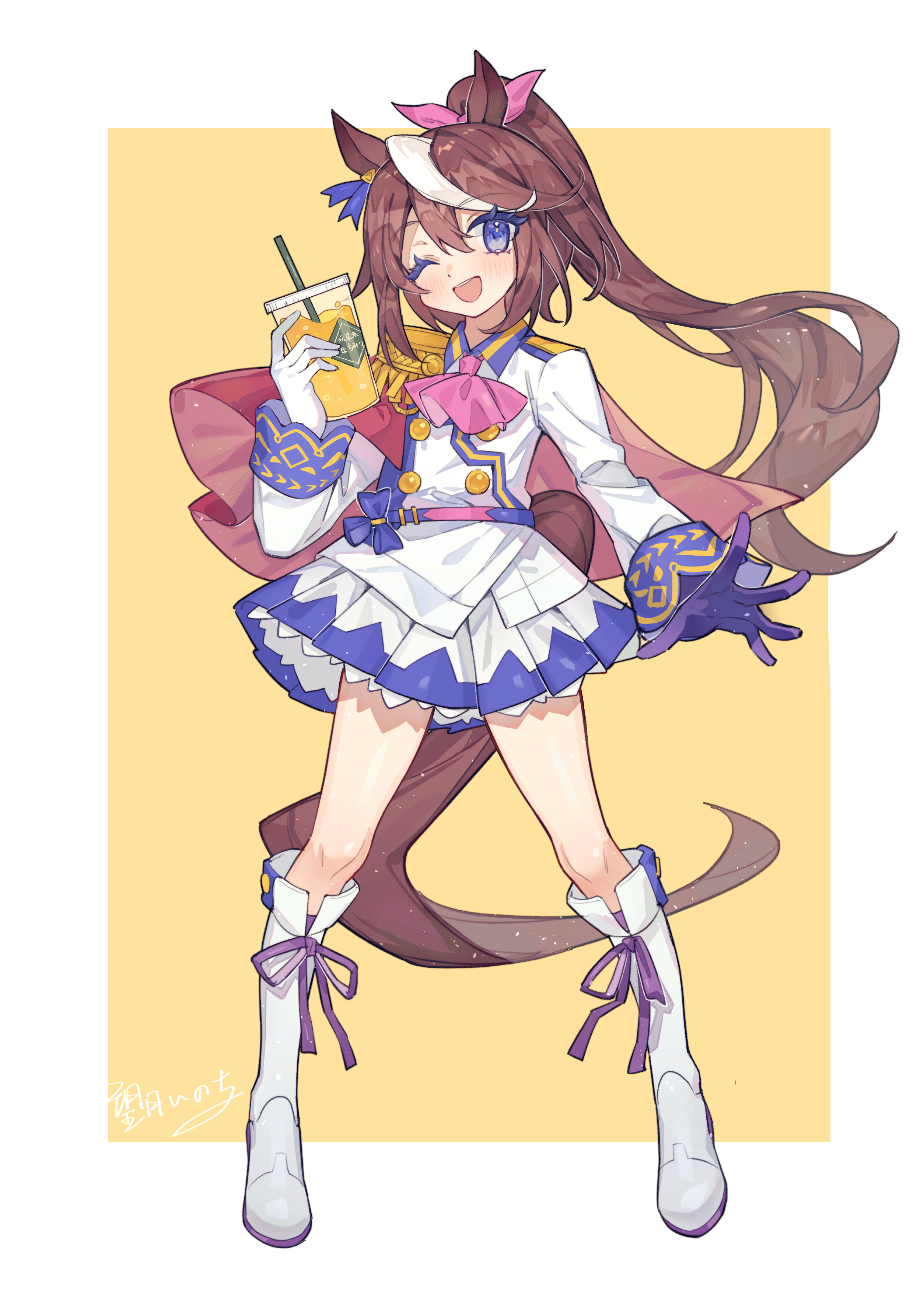 mochizuki inochi, tokai teio (umamusume), umamusume, absurdres, highres, 1girl, ;d, animal ears, ascot, asymmetrical gloves, blue eyes, blue skirt, blush, boots, border, brown hair, buttons, cup, double-breasted, drinking straw, full body, gloves, hair between eyes, hair ribbon, holding, holding cup, horse ears, horse girl, horse tail, jacket, knee boots, long hair, long sleeves, looking at viewer, mismatched gloves, multicolored hair, one eye closed, open mouth, outside border, pink ascot, pink ribbon, pleated skirt, ponytail, purple gloves, ribbon, signature, simple background, skirt, smile, solo, standing, tail, two-tone hair, white boots, white border, white gloves, white hair, white jacket, yellow background
