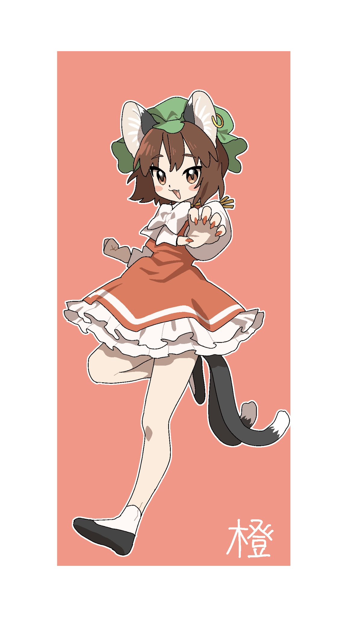 chen, touhou, commentary request, highres, translation request, 1girl, :d, animal ear piercing, animal ears, bare legs, blush stickers, border, bow, bowtie, brown eyes, brown hair, cat ears, cat tail, claw pose, dot nose, double-parted bangs, earrings, fang, foreshortening, frills, full body, happy, hat, jewelry, long sleeves, looking at viewer, mob cap, multiple tails, nail polish, nekomata, open mouth, outstretched arm, petticoat, pnk wonderful, puffy long sleeves, puffy sleeves, red background, red nails, red skirt, red vest, short hair, simple background, single earring, skirt, skirt set, smile, solo, standing, standing on one leg, tail, tsurime, two tails, vest, white background, white border, white bow, white bowtie