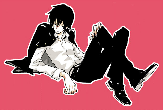 hibari kyouya, katekyo hitman reborn!, 00s, 1boy, belt, black hair, black jacket, black pants, jacket, male focus, pants, school uniform, serafuku, shirt, simple background, smile, solo, white shirt