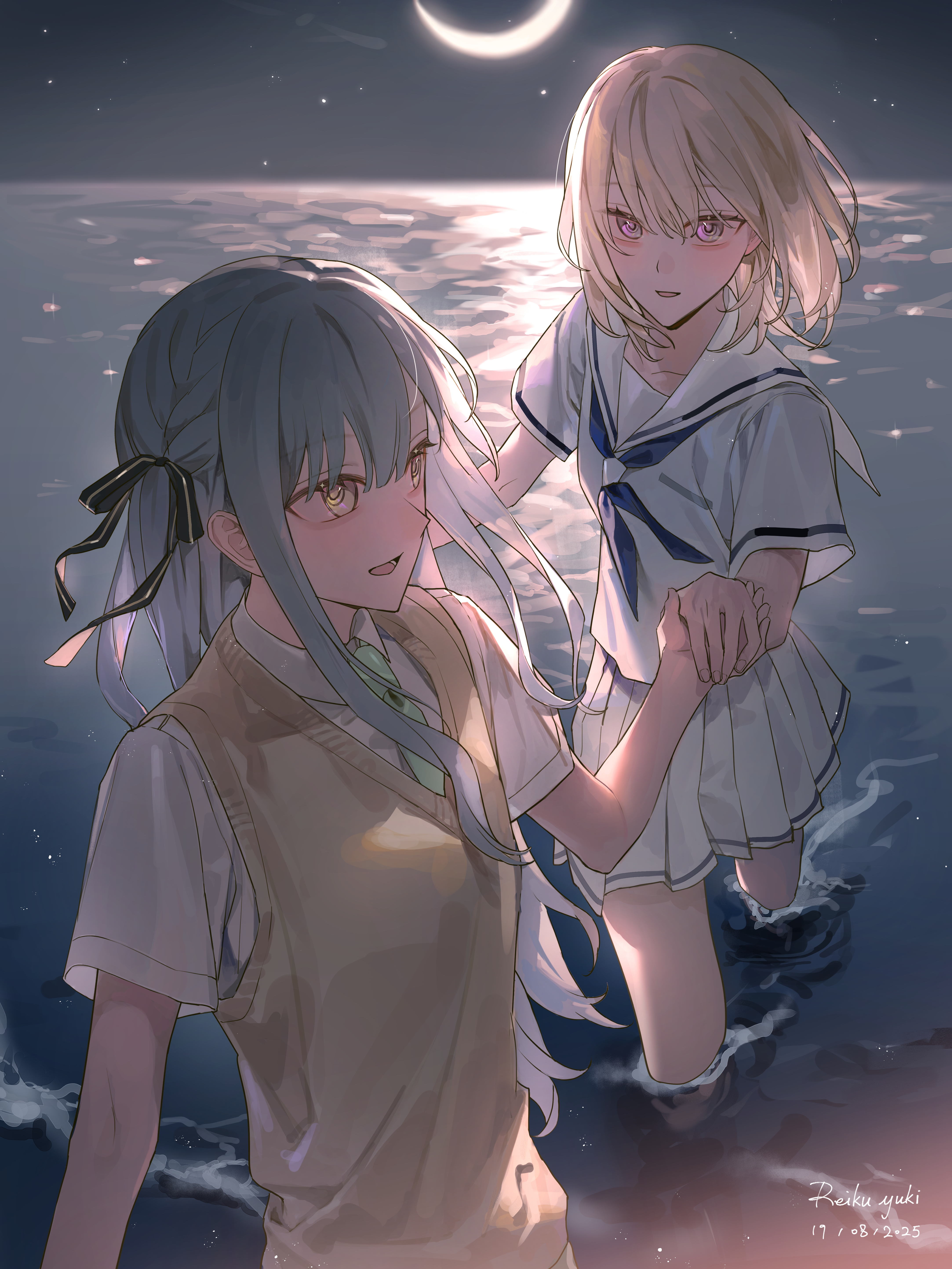 lingjiu yuki, misumi uika, togawa sakiko, bang dream!, bang dream! it's mygo!!!!!, absurdres, highres, 2girls, black ribbon, blonde hair, blue hair, blue neckerchief, collared shirt, crescent moon, hair between eyes, hair ribbon, hanasakigawa school uniform, haneoka school uniform, holding hands, long hair, looking at another, looking back, medium hair, moon, multiple girls, neckerchief, night, night sky, ocean, open mouth, outdoors, pleated skirt, purple eyes, ribbon, sailor collar, school uniform, serafuku, shirt, short sleeves, sidelocks, skirt, sky, smile, star (sky), starry sky, summer uniform, sweater vest, wading, water, white sailor collar, white shirt, white skirt, yellow eyes