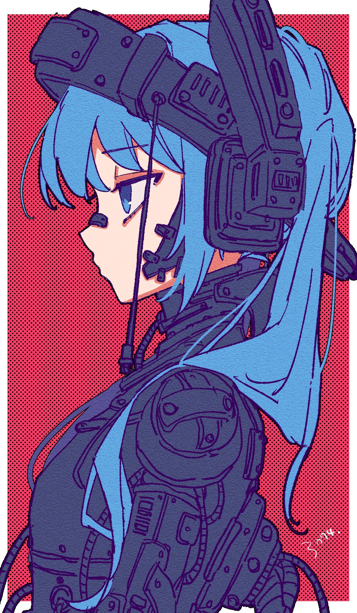 3774., hatsune miku, vocaloid, highres, 1girl, arms at sides, bandaid, bandaid on face, bandaid on nose, biomechanical, black shirt, blue eyes, blue hair, border, cable, canvas texture, cyborg, expressionless, hair over shoulder, half-closed eyes, halftone, halftone background, headphones, long hair, looking ahead, no mouth, outside border, pink background, profile, shirt, signature, solo, turtleneck, twintails, upper body, white border, wire