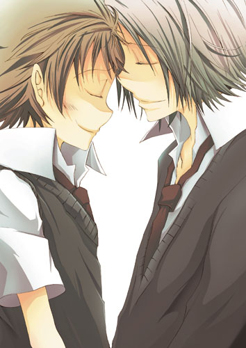 tsuna, gokudera hayato, sawada tsunayoshi, katekyo hitman reborn!, silver hair, lowres, 00s, 2boys, blush, brown hair, closed eyes, forehead-to-forehead, heads together, male focus, multiple boys, necktie, school uniform, serafuku, shirt, short hair, smile, sweater, vest, yaoi