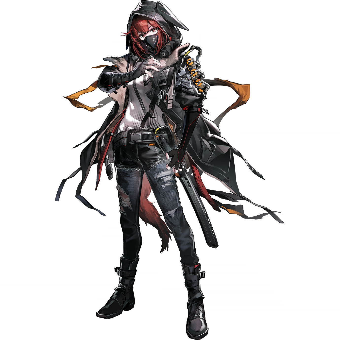 zhili xingzou, crownslayer (arknights), arknights, highres, official art, 1girl, animal ear hood, armband, belt, black mask, boots, covered mouth, denim, elbow gloves, fake animal ears, fingerless gloves, floating clothes, full body, gloves, hand on own chest, hood, hood up, hyena tail, jacket, jeans, mask, mouth mask, open clothes, open jacket, orange armband, pants, patchwork clothes, red eyes, red hair, scabbard, sheath, sheathed, shirt, short-sleeved jacket, short sleeves, tachi-e, tail, torn clothes, torn pants, transparent background, white shirt