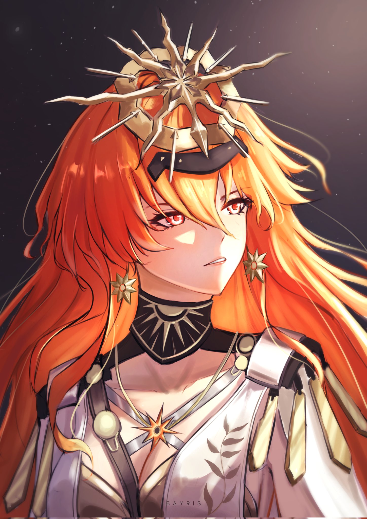 bayris, augusta (wuthering waves), wuthering waves, commentary, corrupted twitter file, highres, 1girl, black collar, breasts, cleavage, collar, colored inner hair, earrings, hair between eyes, headgear, jewelry, long hair, looking afar, looking to the side, medium breasts, multicolored hair, orange hair, parted lips, portrait, red eyes, solo, sun earrings, sun necklace