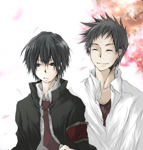 hibari kyouya, yamamoto takeshi, katekyo hitman reborn!, lowres, 00s, 2boys, black jacket, flower, jacket, male focus, multiple boys, necktie, sakura tree, school uniform, serafuku, shirt, smile, tree, white shirt
