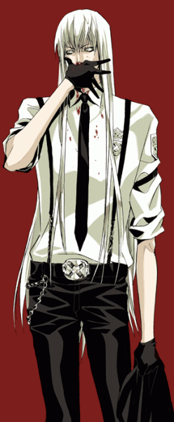 superbi squalo, katekyo hitman reborn!, 00s, blood, gloves, goth fashion, long hair, necktie, suspenders, white eyes, white hair