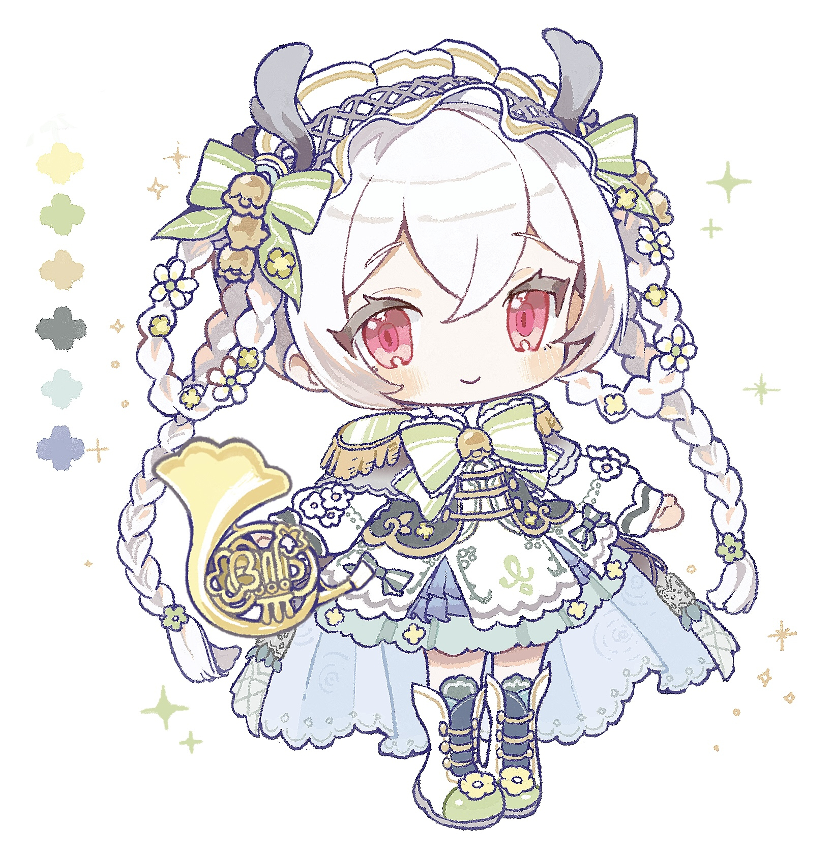amakawa tamawo, original, commentary request, highres, 1girl, blush, boots, bow, bowtie, braid, chibi, chibi only, closed mouth, color guide, dress, full body, green bow, green bowtie, instrument, long hair, looking at viewer, red eyes, simple background, smile, solo, standing, striped bow, striped bowtie, striped clothes, trombone, twin braids, white background, white boots, white dress, white hair
